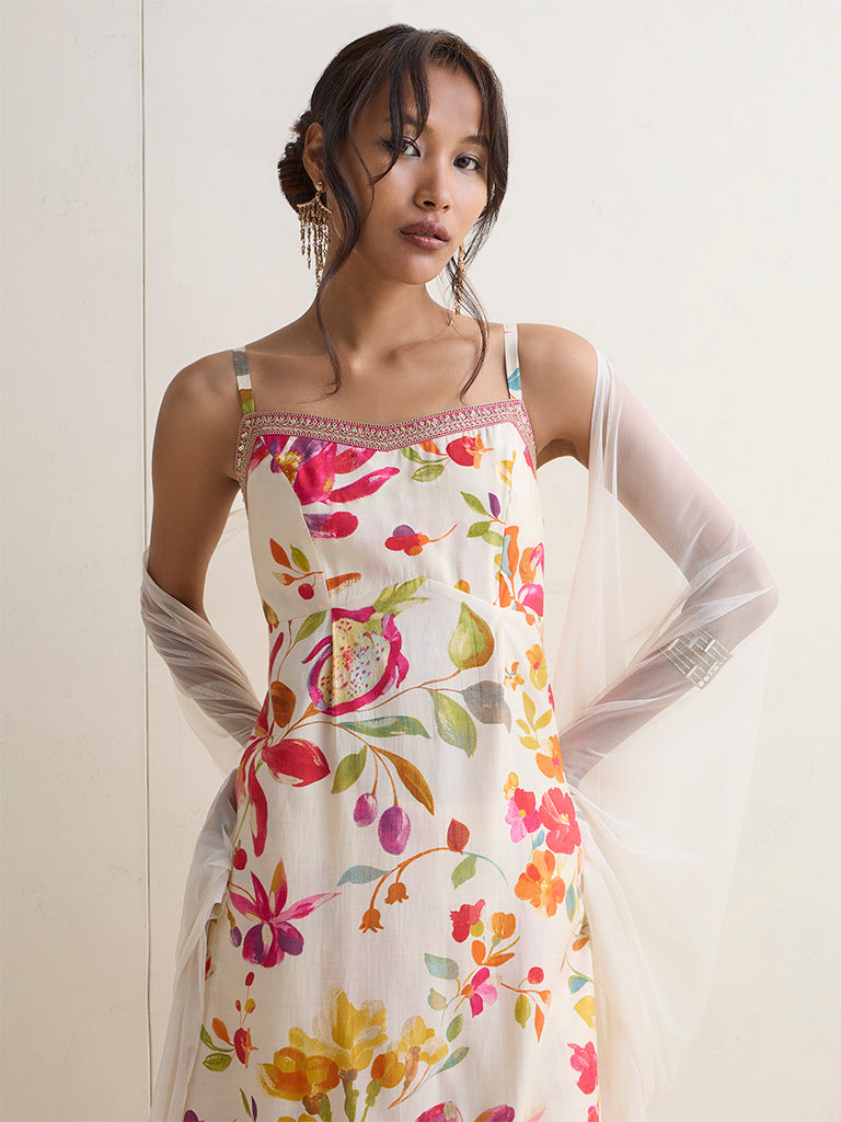Vark White Foliage Pattern A-Line Ethnic Set