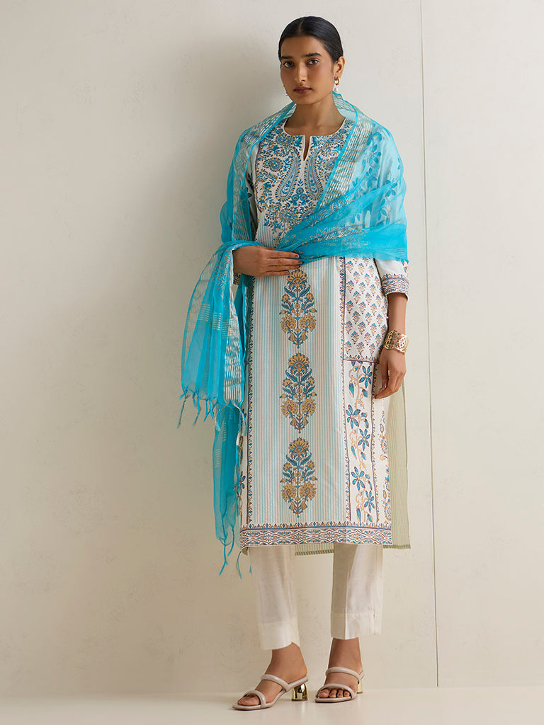 Vark Blue Embroidered Straight Ethnic Set