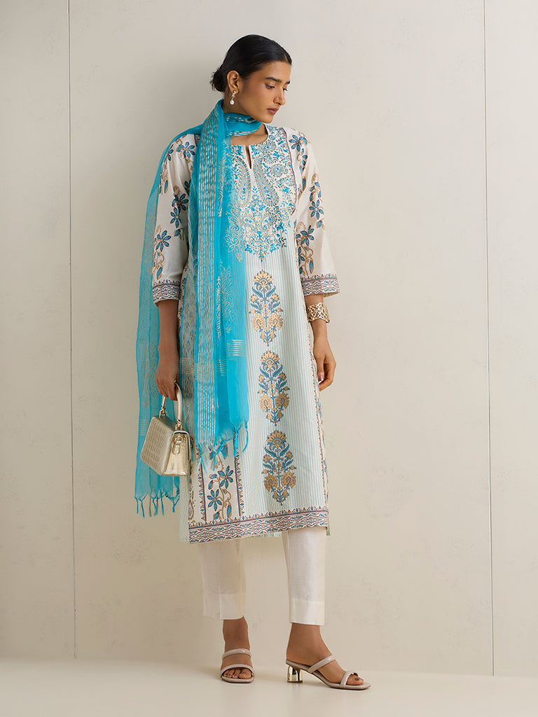 Vark Blue Embroidered Straight Ethnic Set
