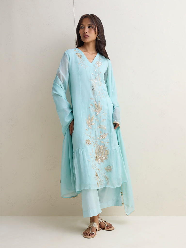 Vark Light Blue Embroidered A-Line Ethnic Set