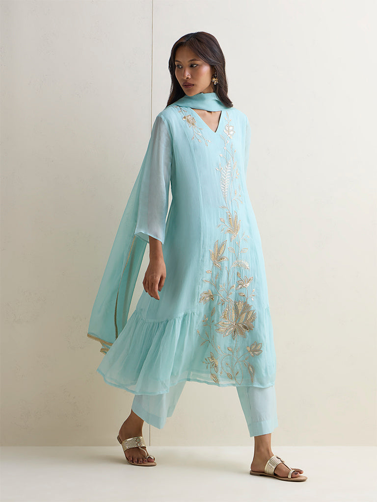 Vark Light Blue Embroidered A-Line Ethnic Set