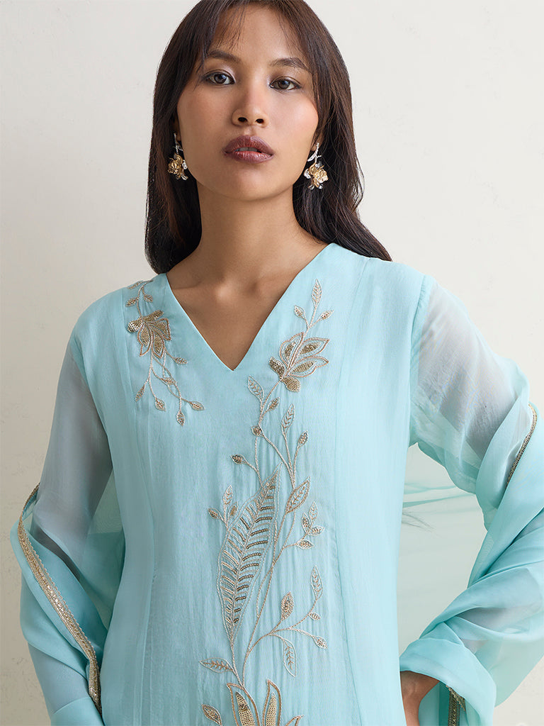 Vark Light Blue Embroidered A-Line Ethnic Set
