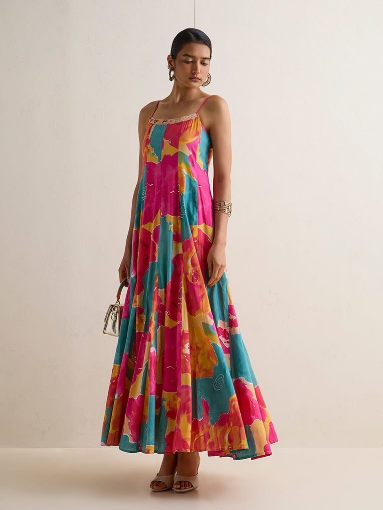 Vark Multicolor Abstract Pattern Maxi A-Line Dress