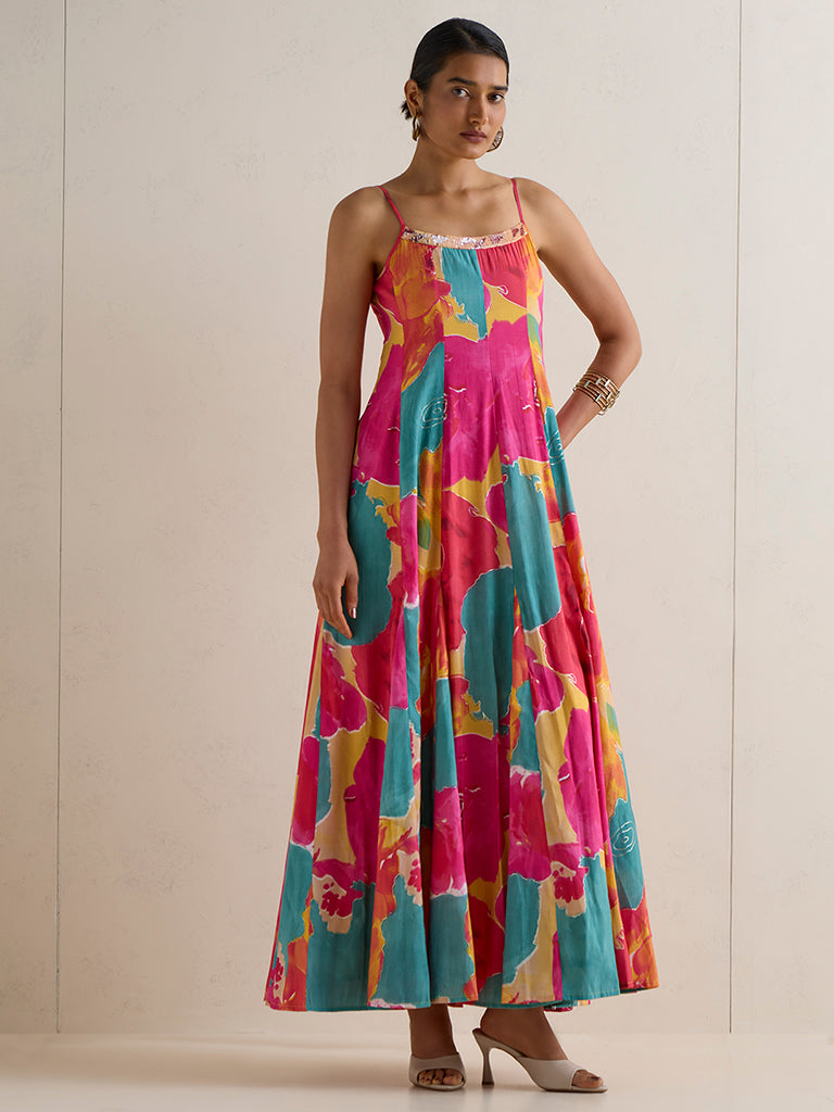 Vark Multicolor Abstract Pattern Maxi A-Line Dress