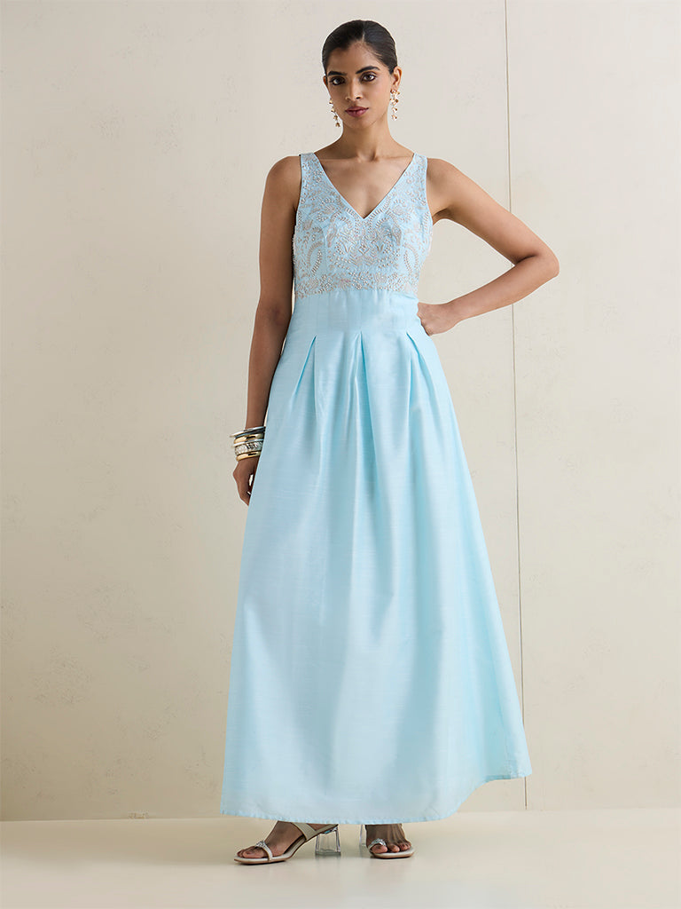 Vark Blue Embellished A-Line Dress