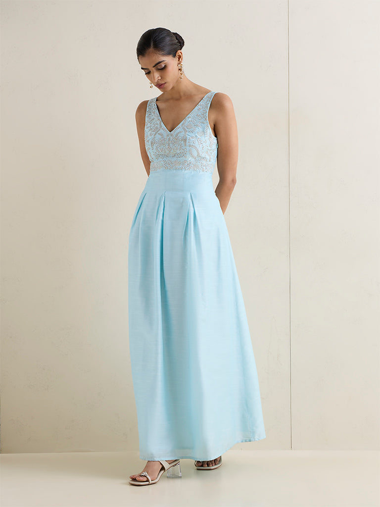 Vark Blue Embellished A-Line Dress