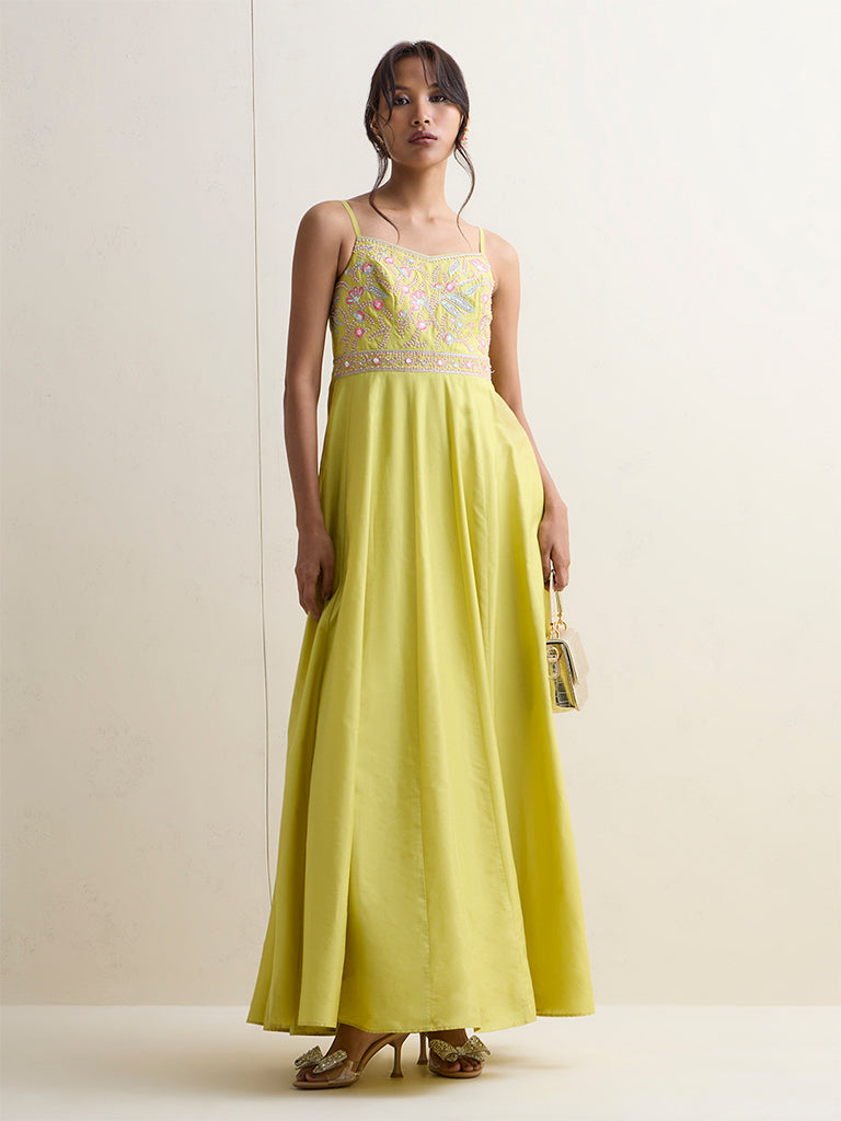 Vark Lime Floral Embroidered Maxi A-Line Dress