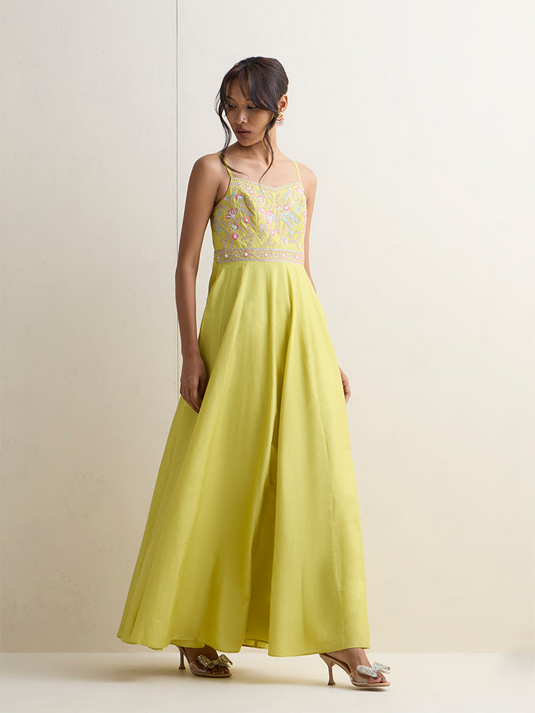 Vark Lime Floral Embroidered Maxi A-Line Dress