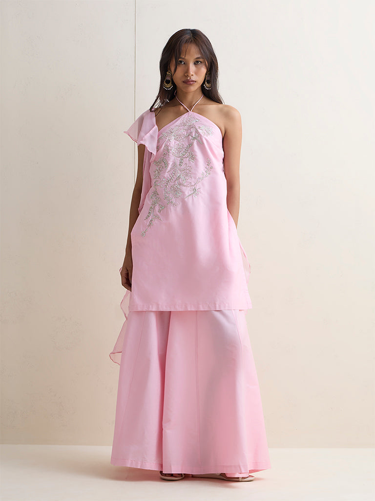 Vark Pink Embroidered A-Line Ethnic Set