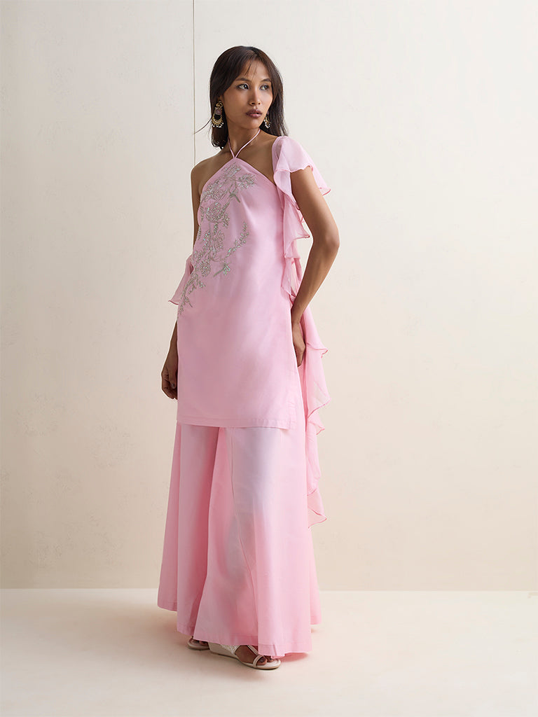 Vark Pink Embroidered A-Line Ethnic Set