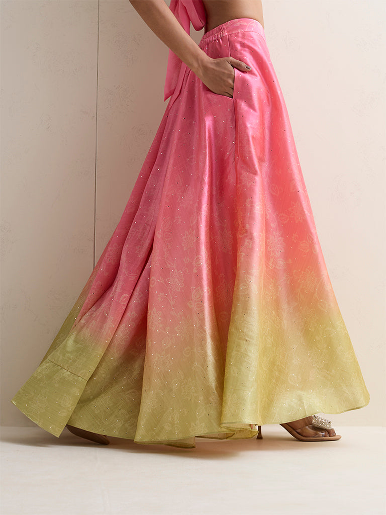 Vark Pink Floral Pattern Ombre Skirt