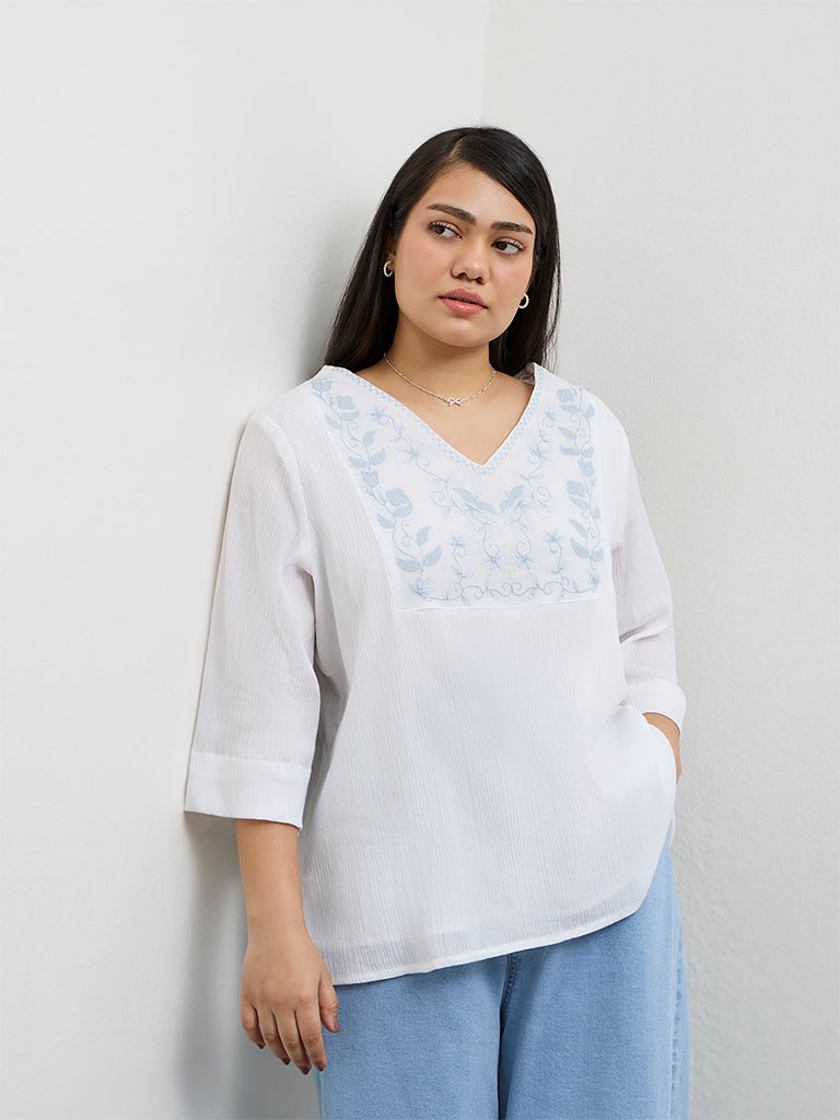 Gia White Floral Embroidered Cotton Blouse