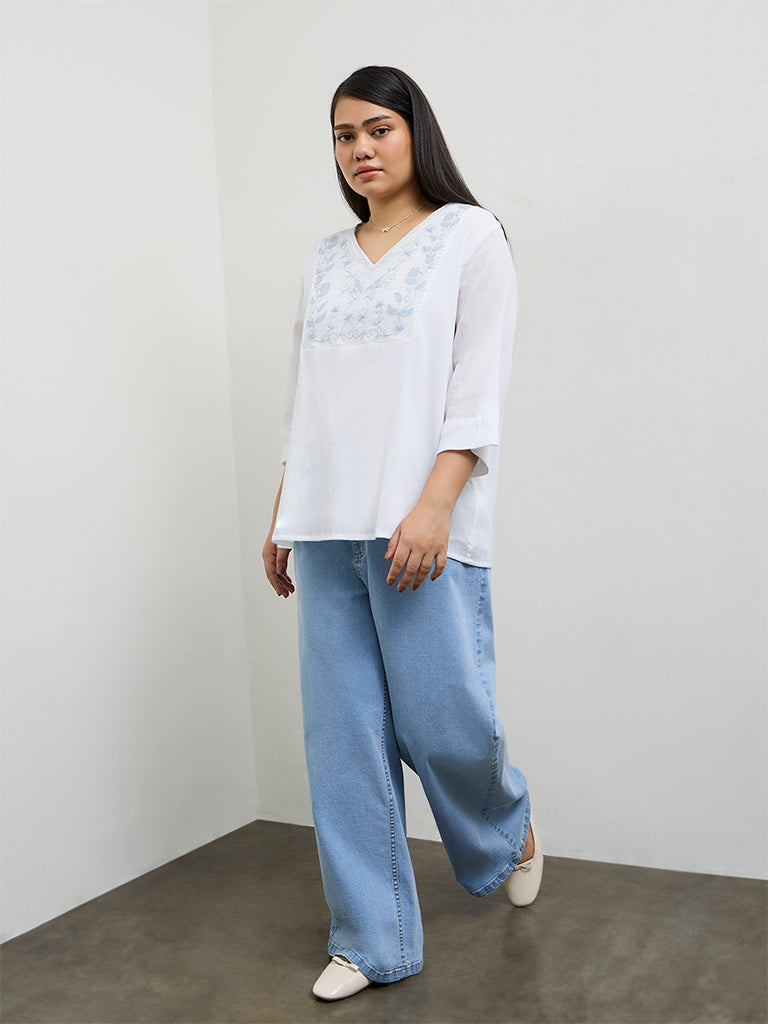 Gia White Floral Embroidered Cotton Blouse