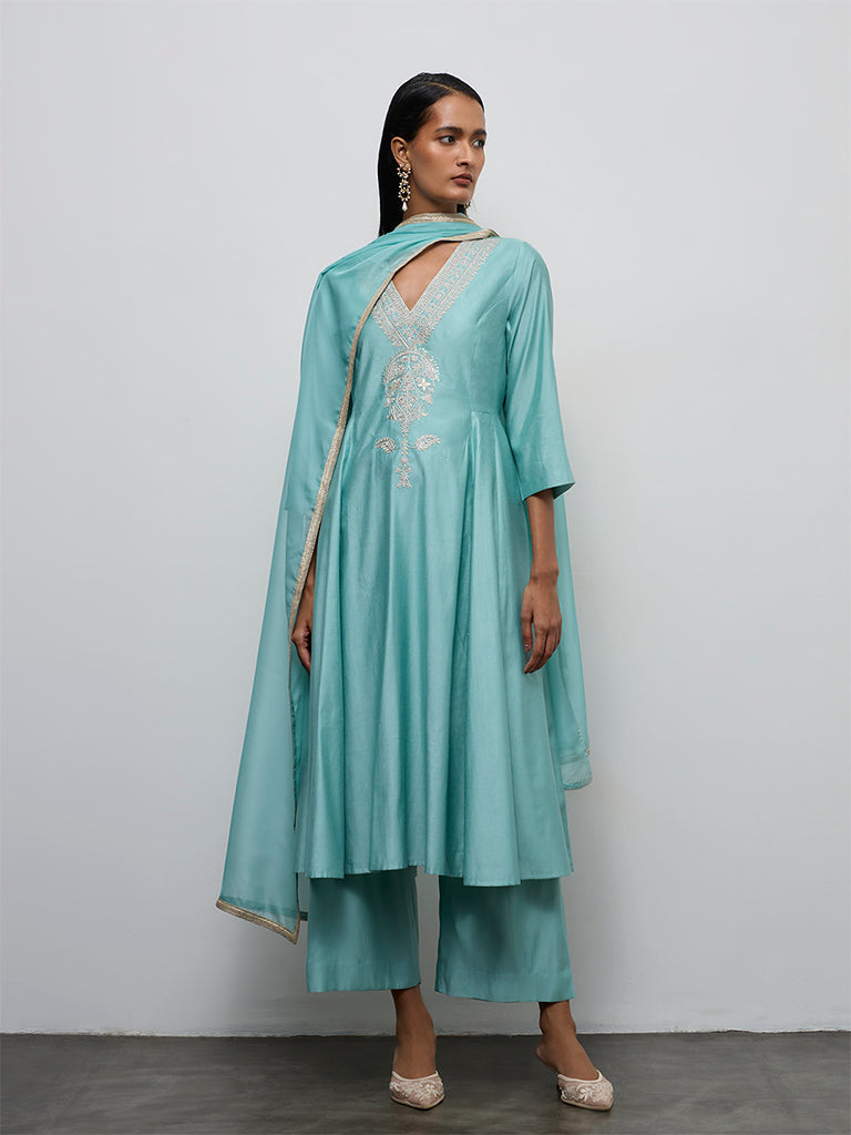 Vark Aqua Embroidered Anarkali Ethnic Set