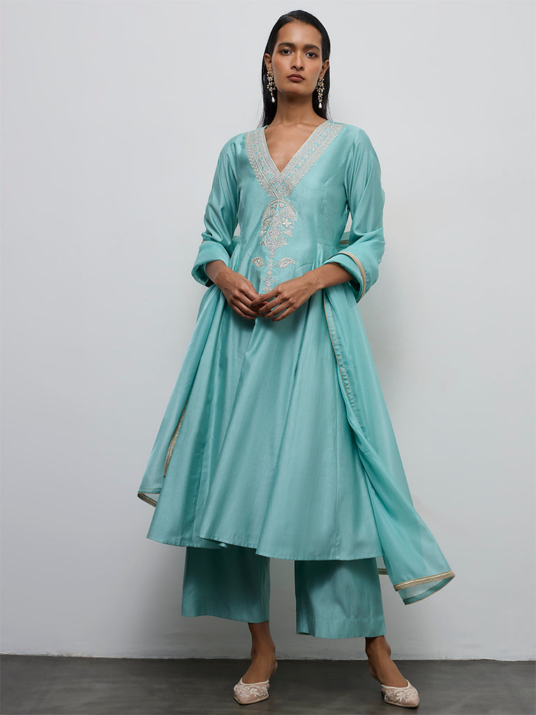 Vark Aqua Embroidered Anarkali Ethnic Set