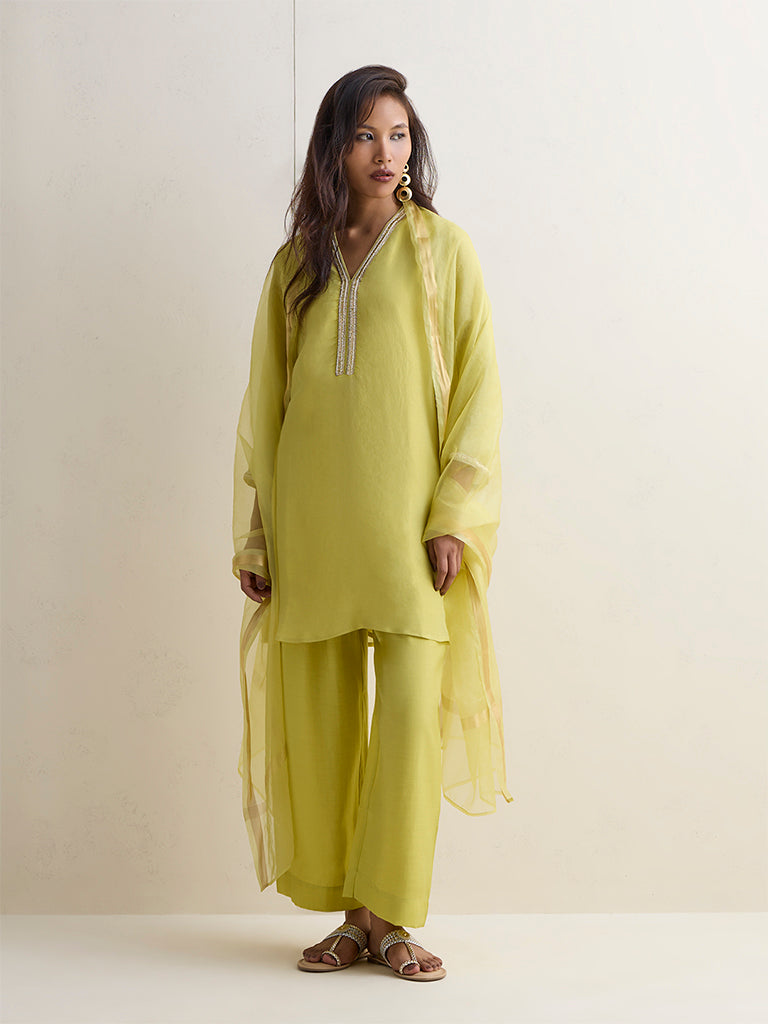 Vark Lime Embellished Straight Ethnic Set