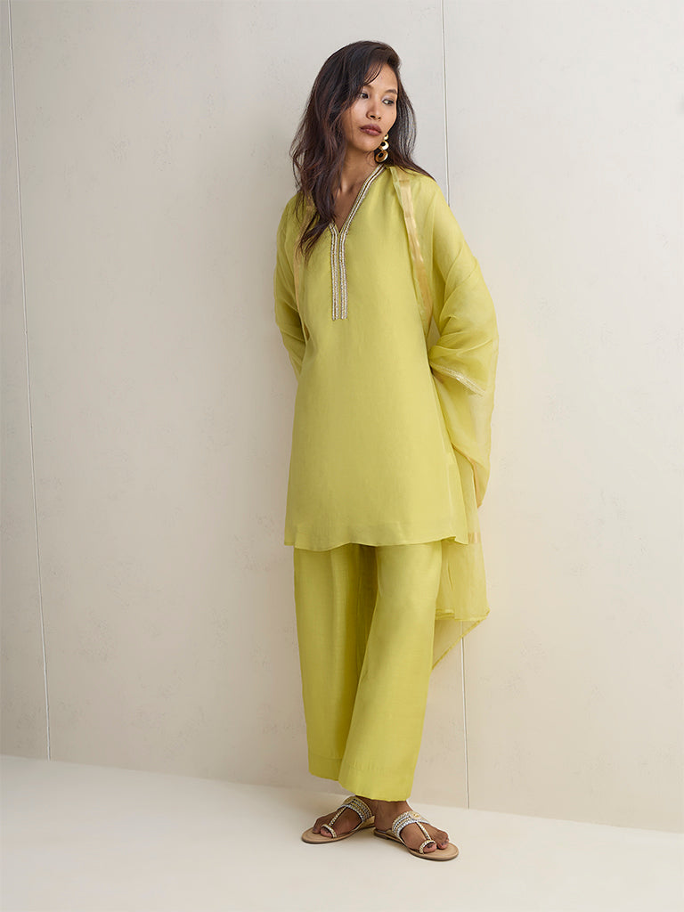 Vark Lime Embellished Straight Ethnic Set