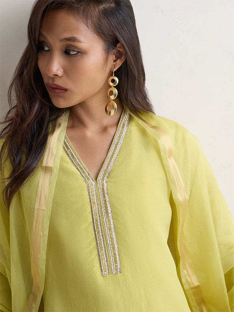 Vark Lime Embellished Straight Ethnic Set