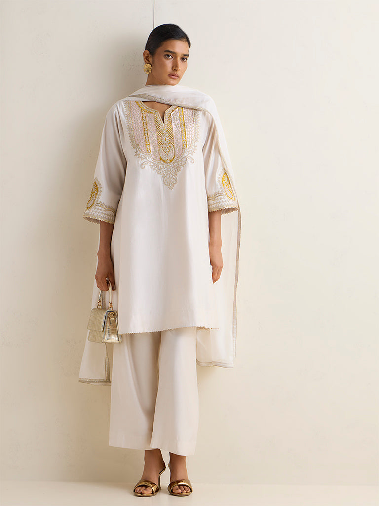 Vark Off-White Embroidered A-Line Ethnic Set