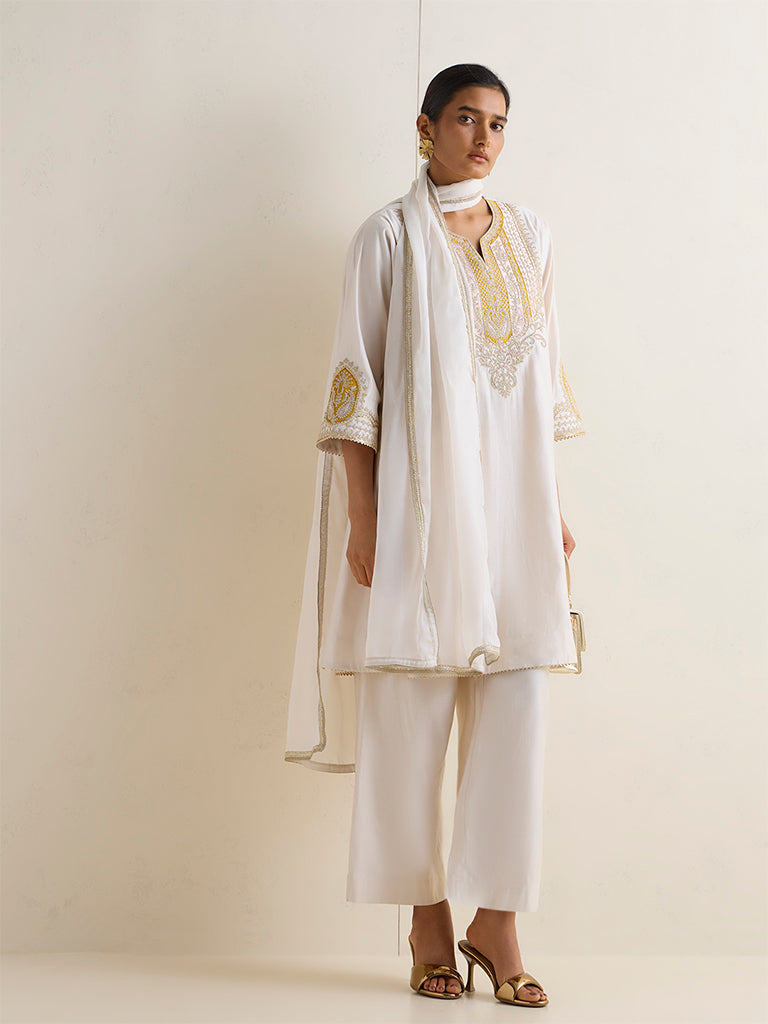 Vark Off-White Embroidered A-Line Ethnic Set