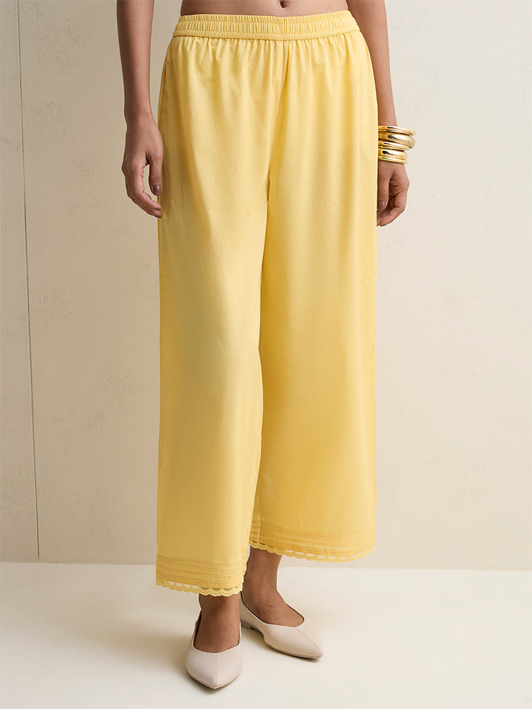 Zuba Yellow Lace-Detailed Cotton Pants