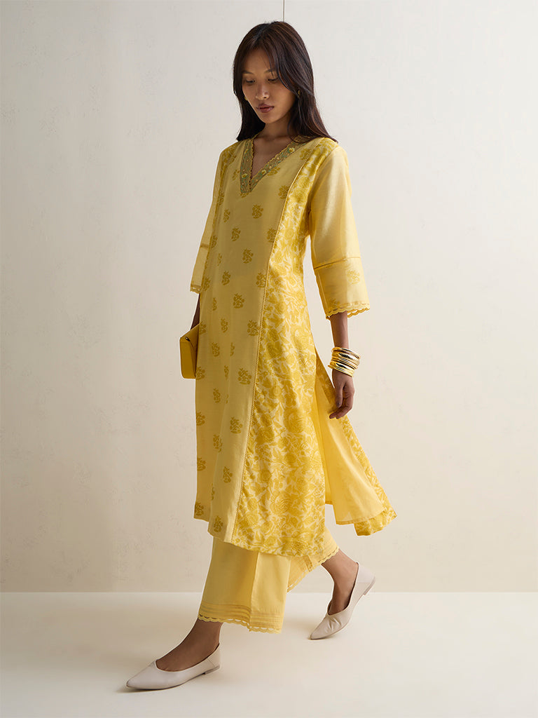 Zuba Yellow Lace-Detailed Cotton Pants