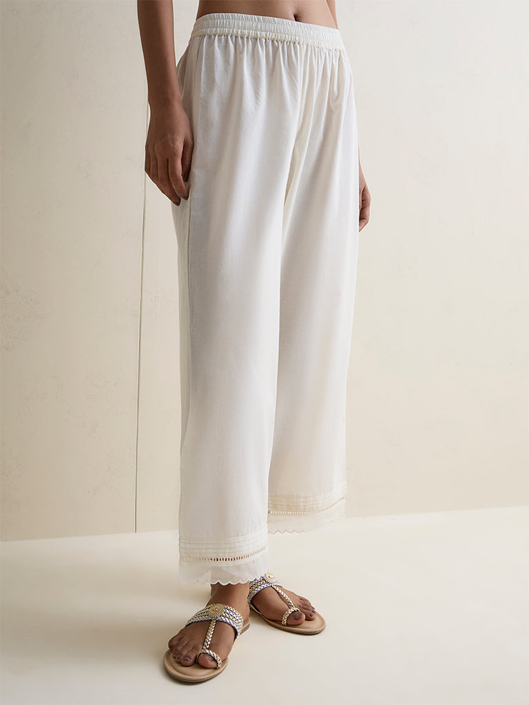 Zuba Off-White Lace Detailed Cotton Pants
