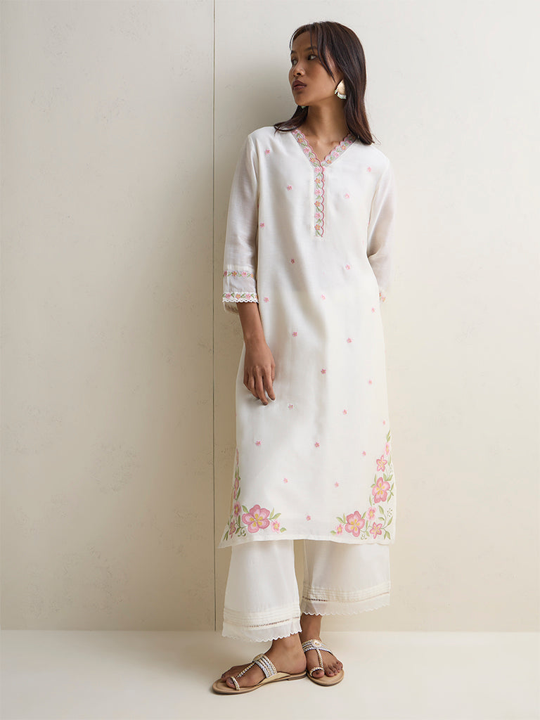 Zuba Off-White Lace Detailed Cotton Pants