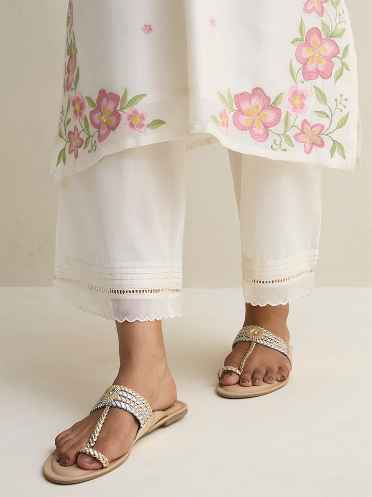 Zuba Off-White Lace Detailed Cotton Pants