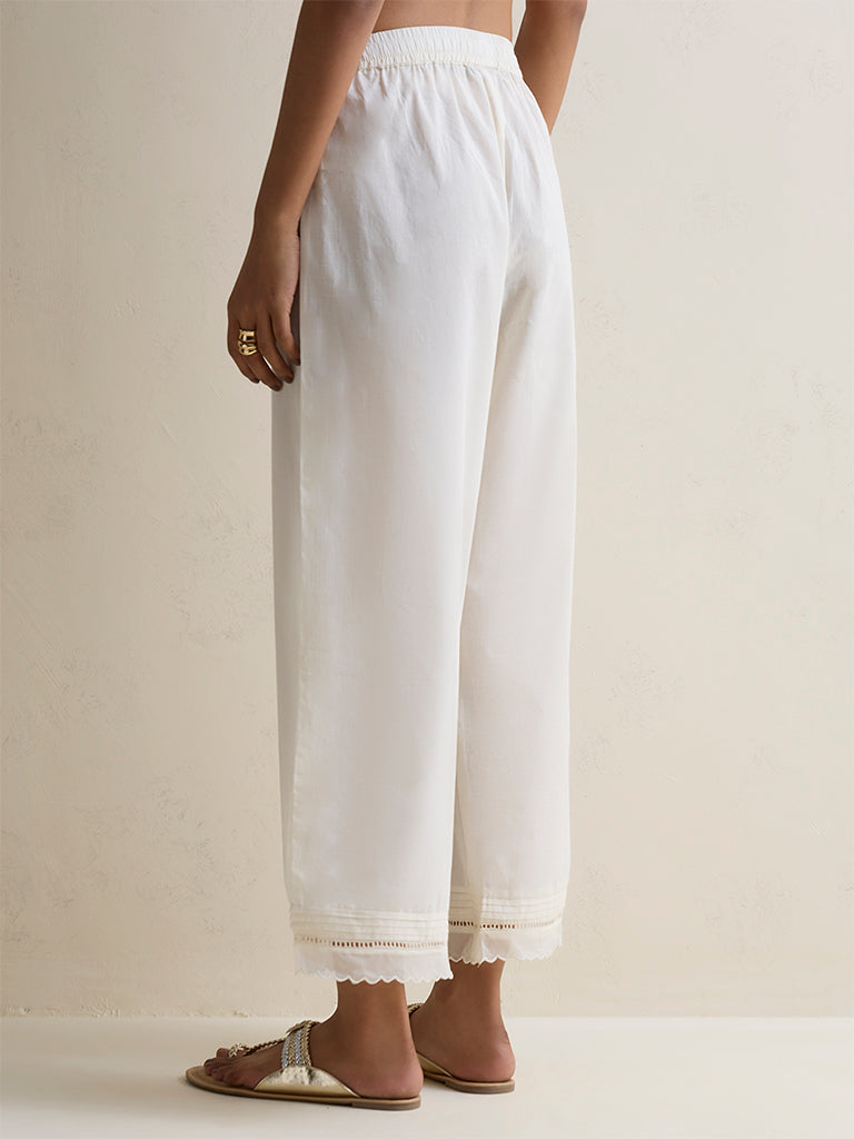 Zuba Off-White Lace Detailed Cotton Pants