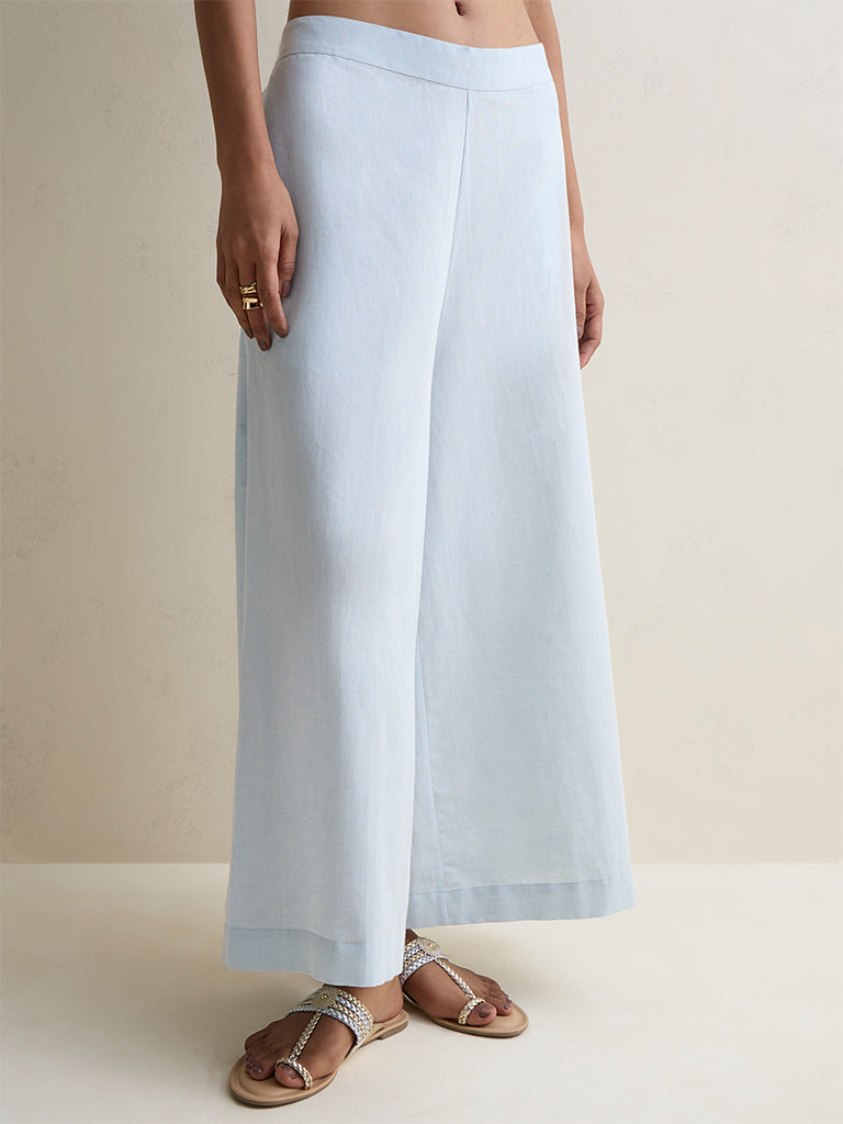 Zuba Light Blue Solid Cotton-Blend Palazzos