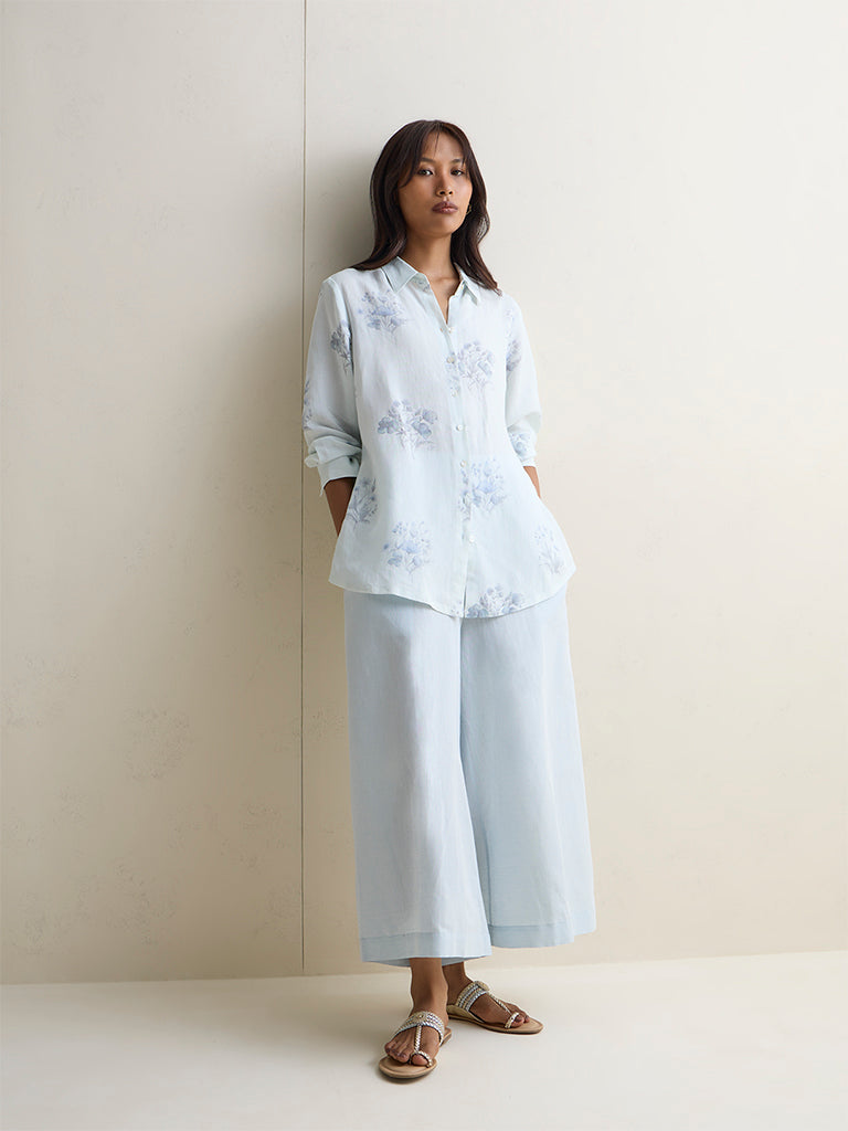 Zuba Light Blue Solid Cotton-Blend Palazzos