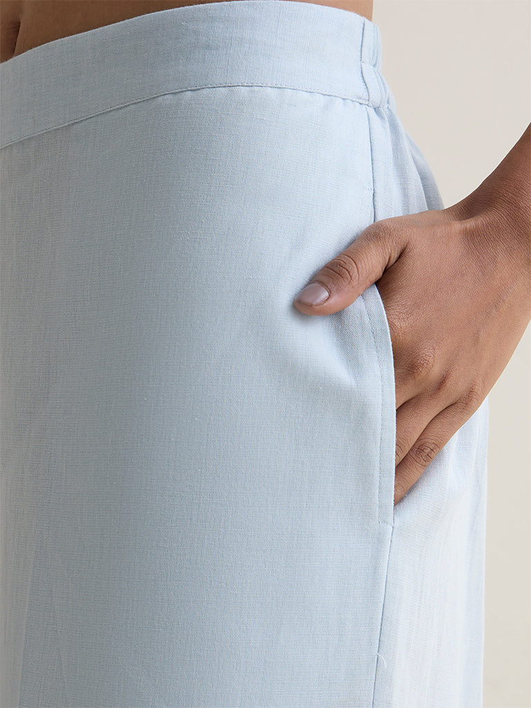 Zuba Light Blue Solid Cotton-Blend Palazzos