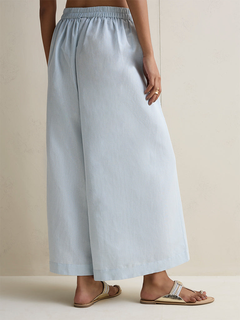 Zuba Light Blue Solid Cotton-Blend Palazzos