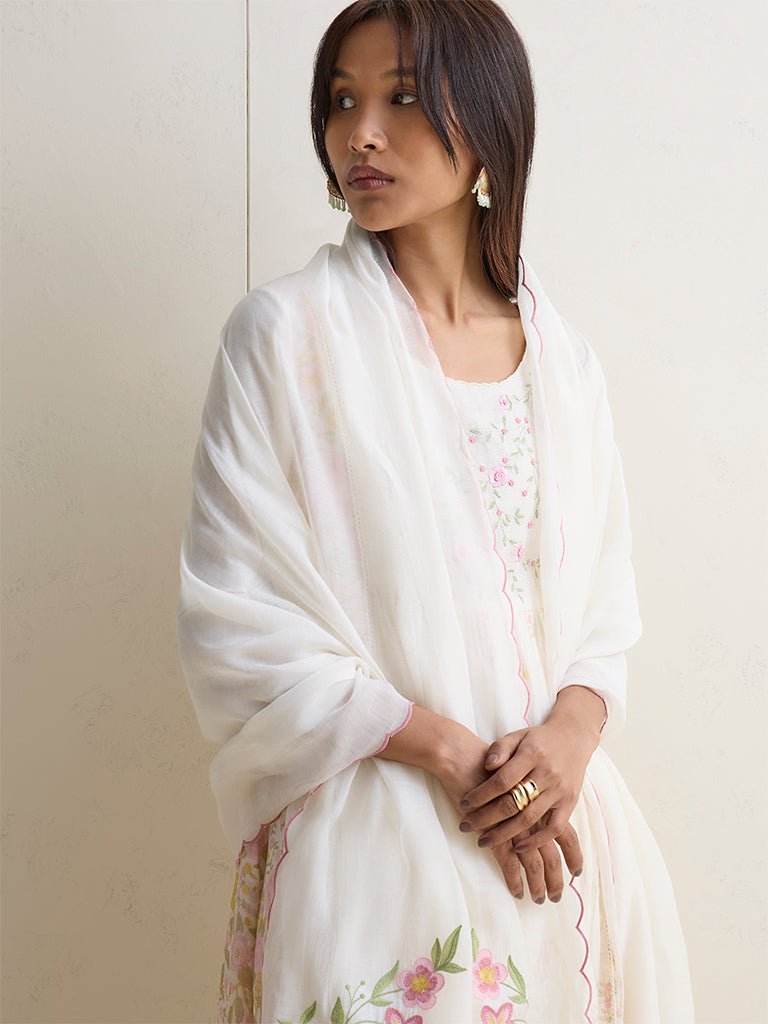 Zuba Off-White Floral Embroidered Cotton-Blend Dupatta