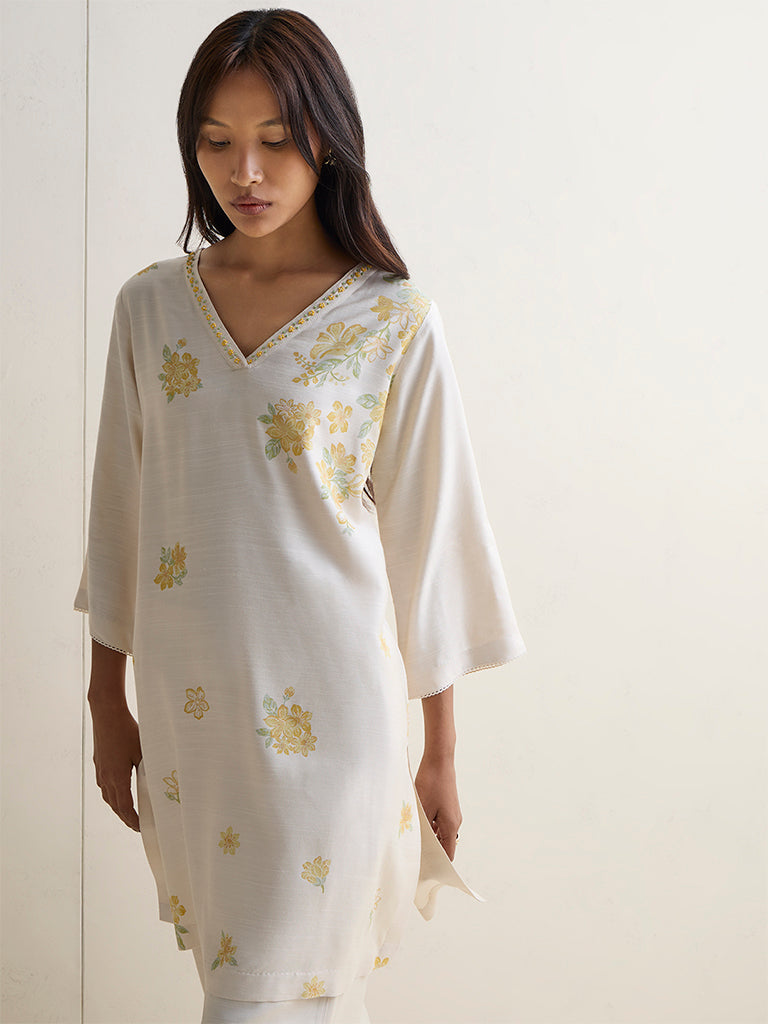 Zuba Ivory Foliage Pattern A-Line Kurta