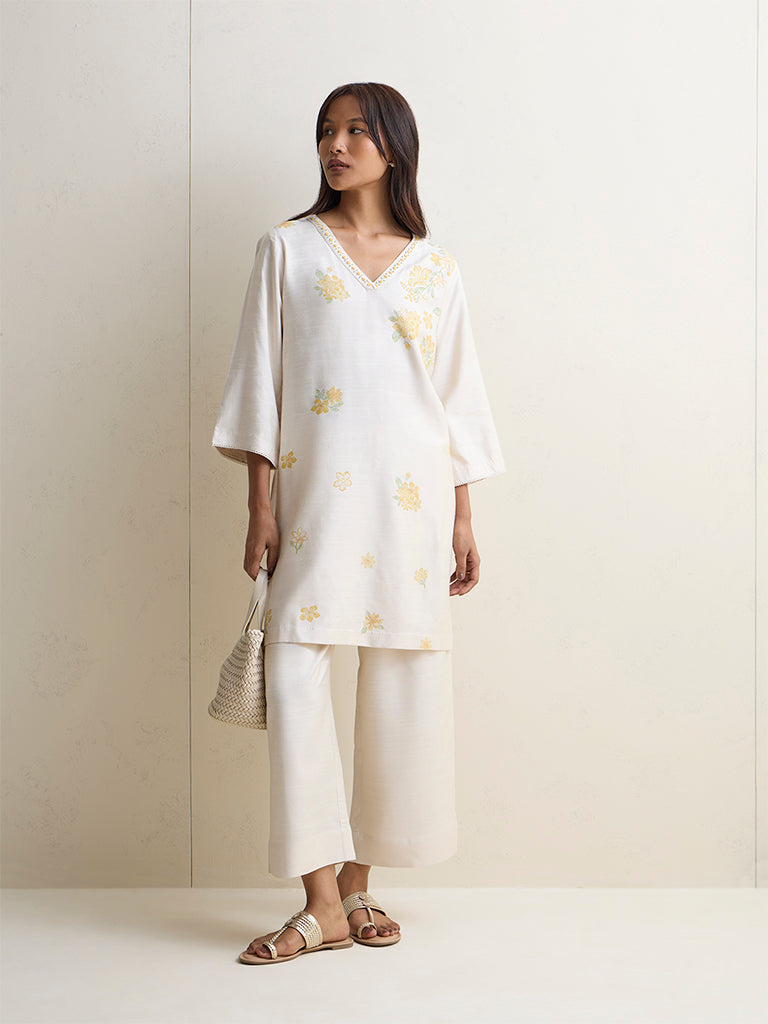 Zuba Ivory Foliage Pattern A-Line Kurta