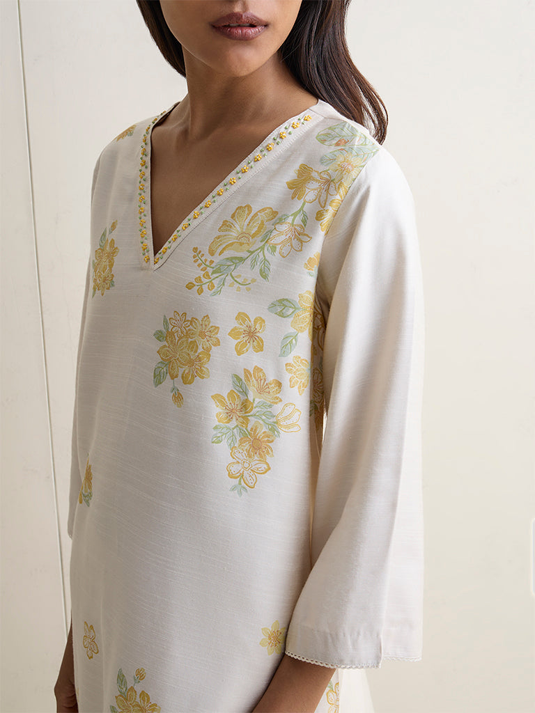 Zuba Ivory Foliage Pattern A-Line Kurta