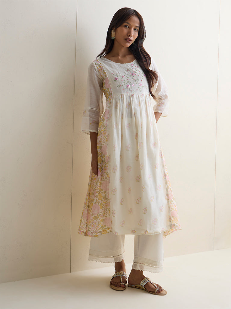 Zuba White Floral Design Anarkali Cotton-Blend Kurta