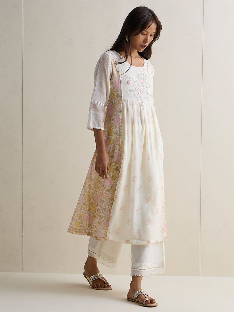 Zuba White Floral Design Anarkali Cotton-Blend Kurta