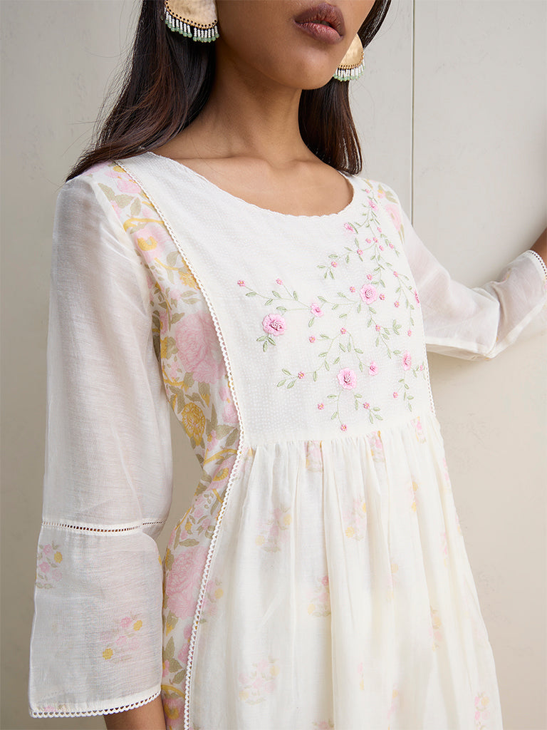 Zuba White Floral Design Anarkali Cotton-Blend Kurta