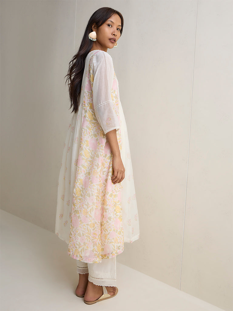 Zuba White Floral Design Anarkali Cotton-Blend Kurta