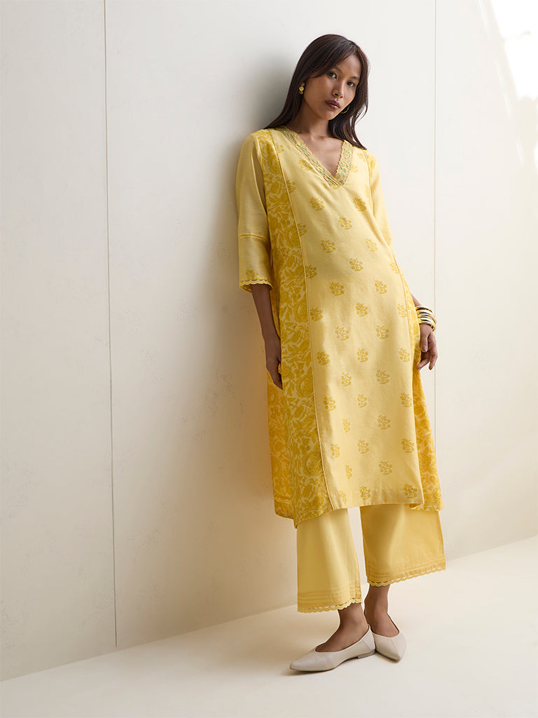 Zuba Yellow Botanical Design Cotton A-Line Kurta