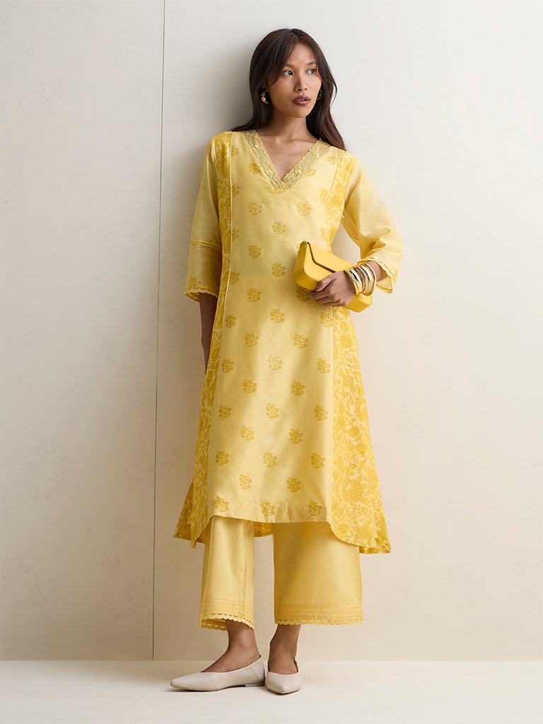 Zuba Yellow Botanical Design Cotton A-Line Kurta