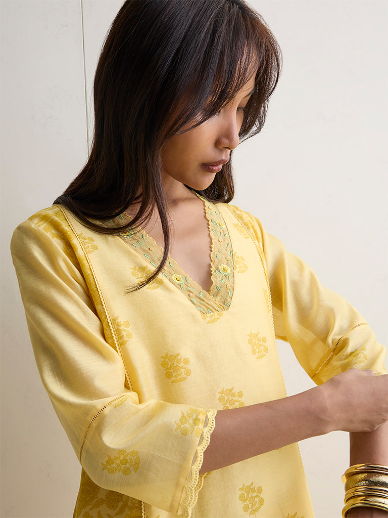 Zuba Yellow Botanical Design Cotton A-Line Kurta