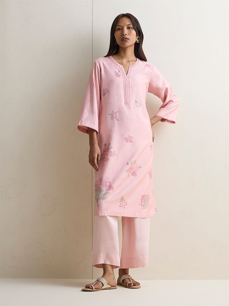 Zuba Pink Floral Pattern A-Line Kurta