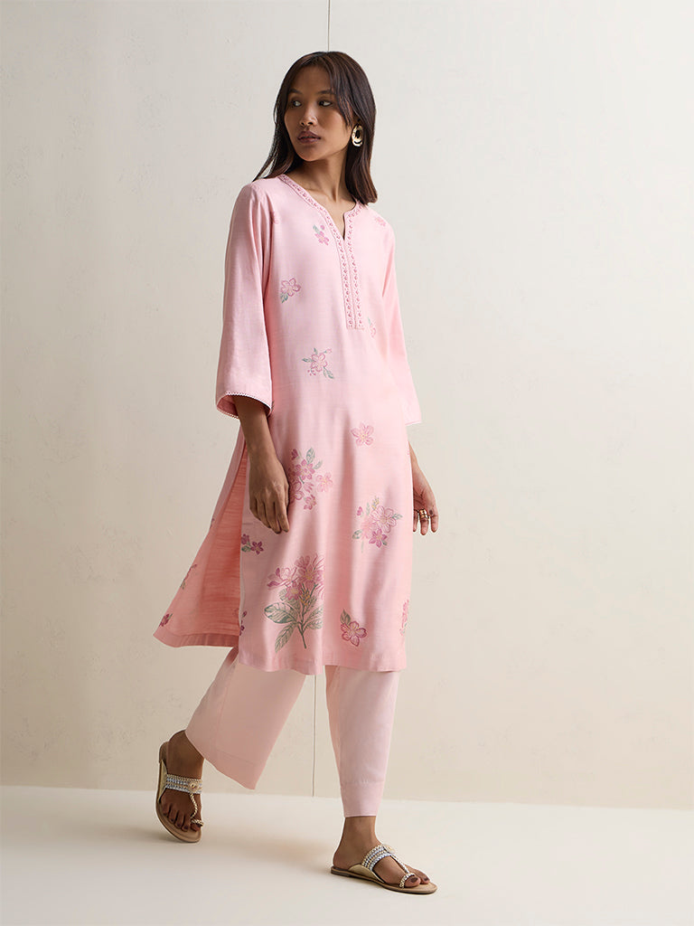 Zuba Pink Floral Pattern A-Line Kurta