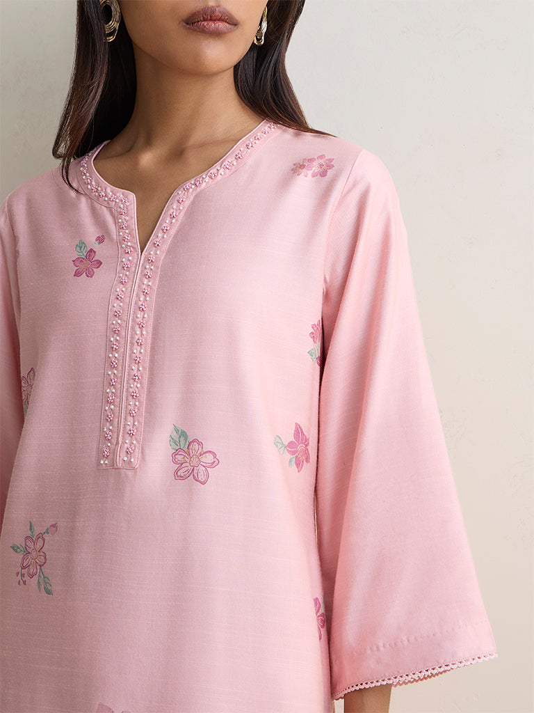 Zuba Pink Floral Pattern A-Line Kurta