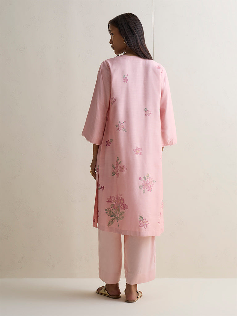 Zuba Pink Floral Pattern A-Line Kurta
