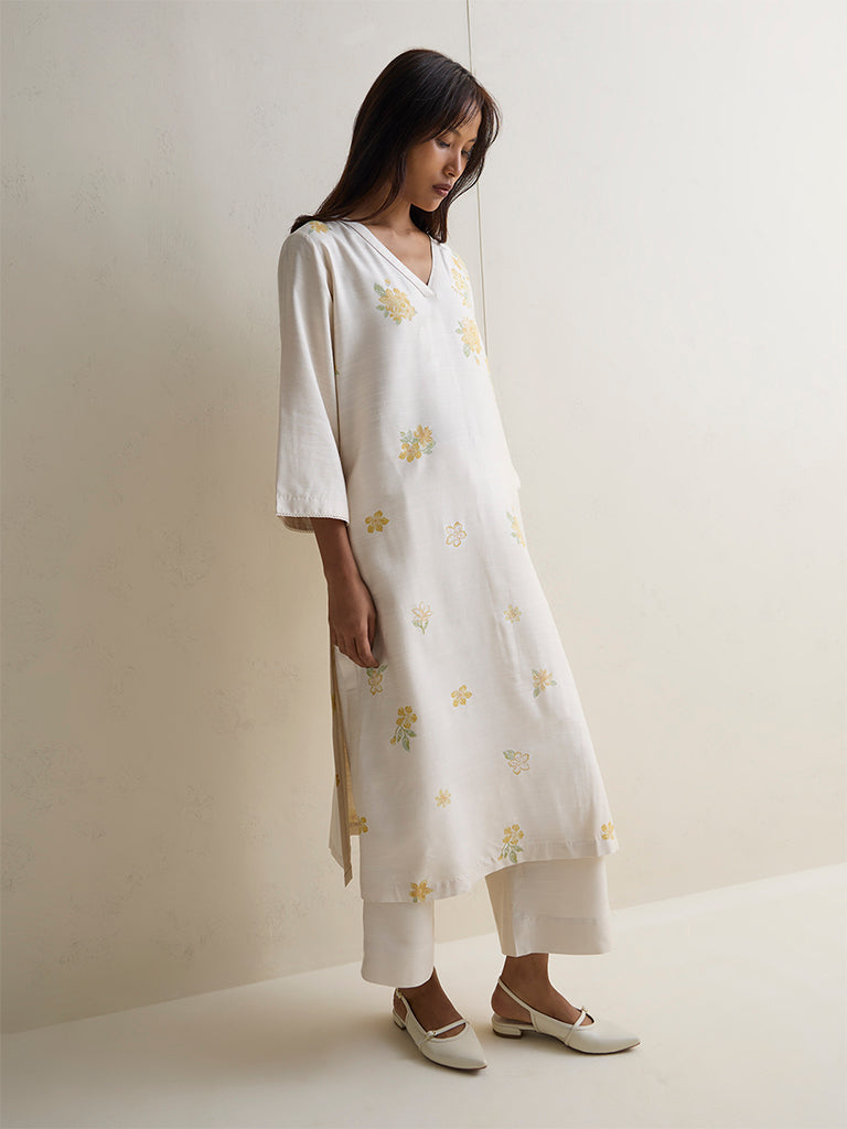 Zuba Ivory Floral Design A-Line Kurta